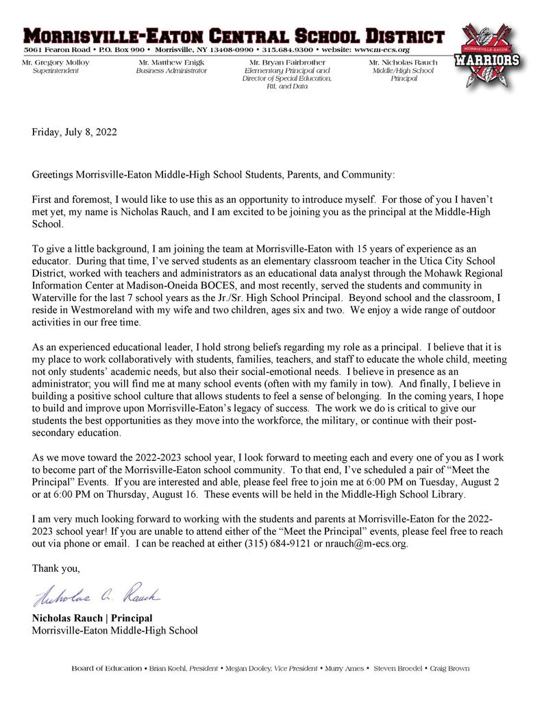 Mr. Rauch - Letter to Community 7.8.22