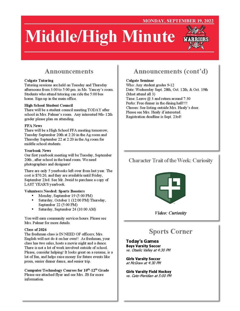 Middle/High School Minute 9.19.22