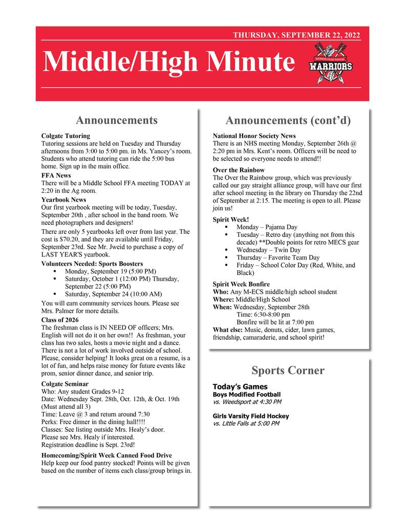 Middle/High School Minute 9.22.22