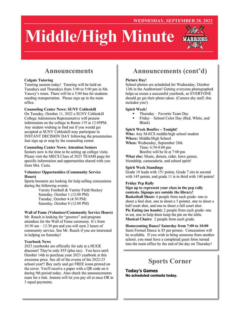 Middle/High School Minute 9.28.22