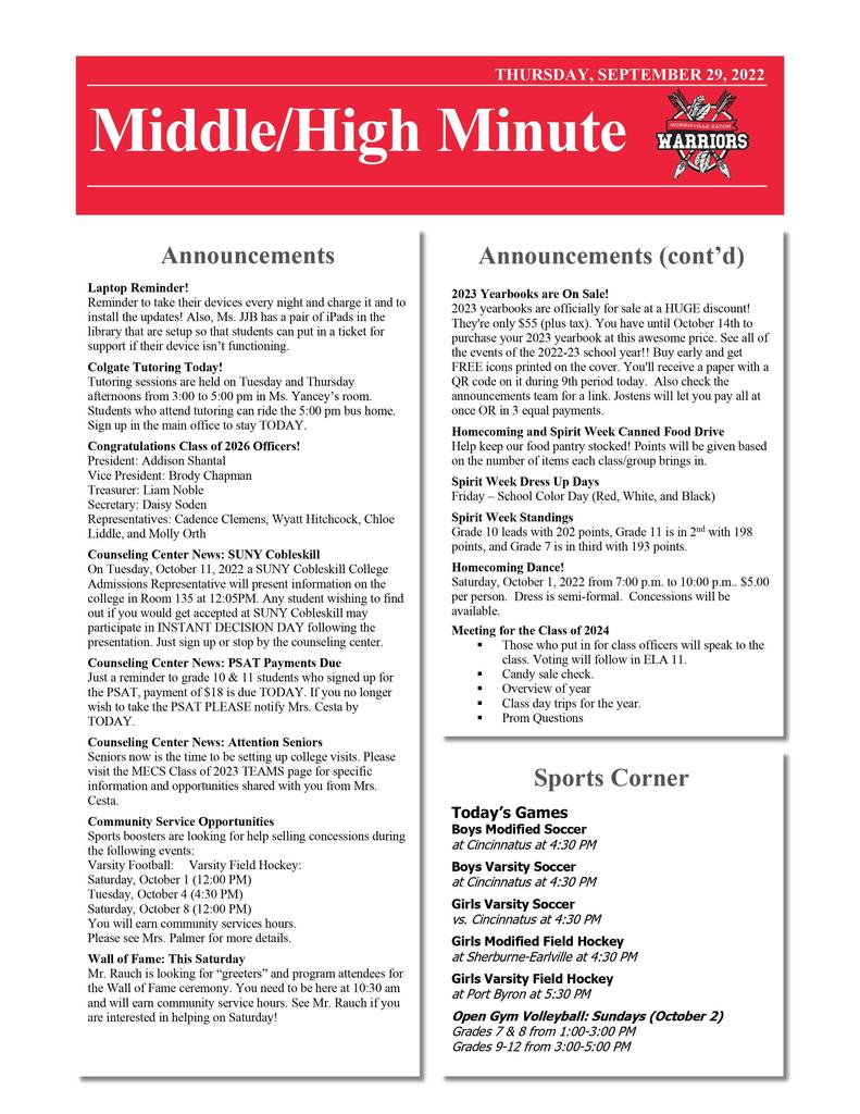 Middle/High School Minute 9.29.22